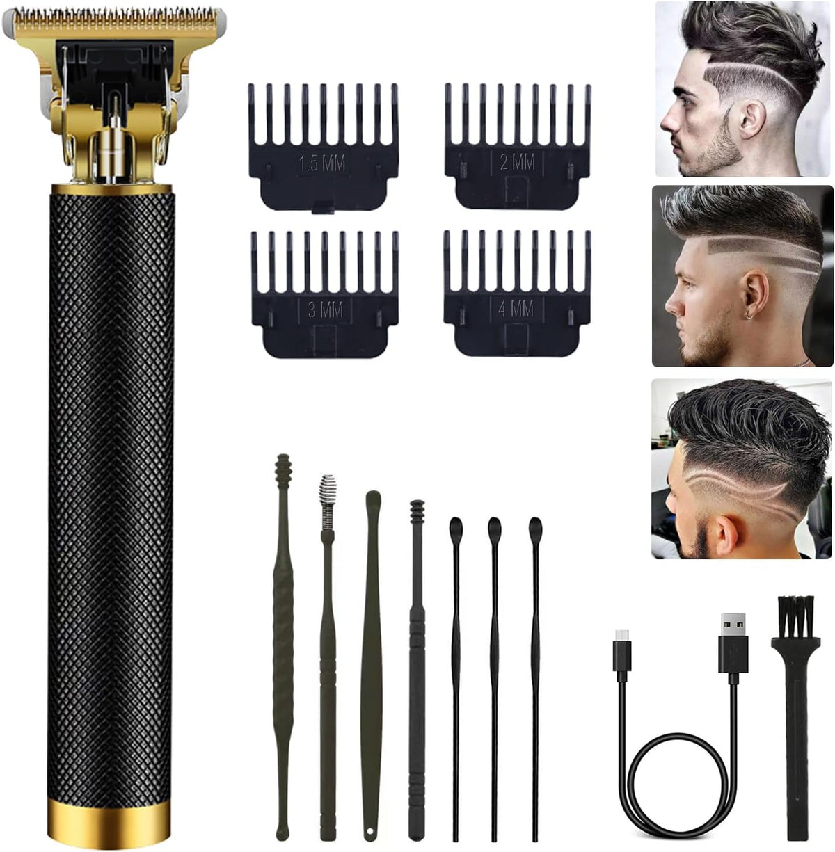 Professional Cordless Hair Trimmer, Hair Clippers for Men T Blade Trimmer Zero Gapped Trimmer Rechargeable Beard Trimmer Shaver Hair Cutting Kit with Ear Spoon Tool Set, Black