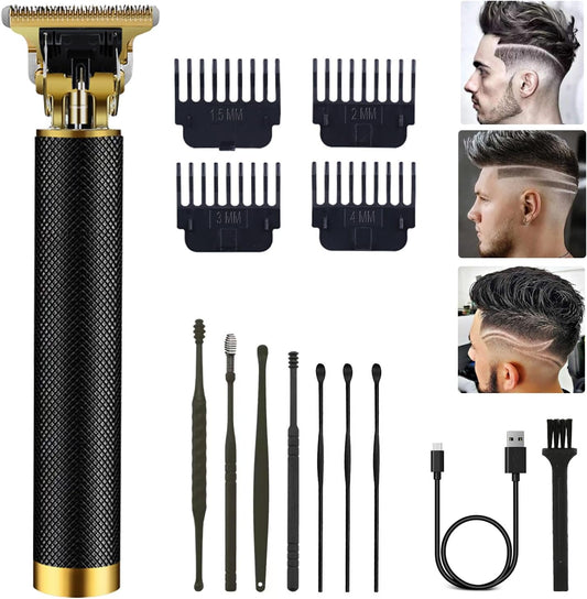 Professional Cordless Hair Trimmer, Hair Clippers for Men T Blade Trimmer Zero Gapped Trimmer Rechargeable Beard Trimmer Shaver Hair Cutting Kit with Ear Spoon Tool Set, Black